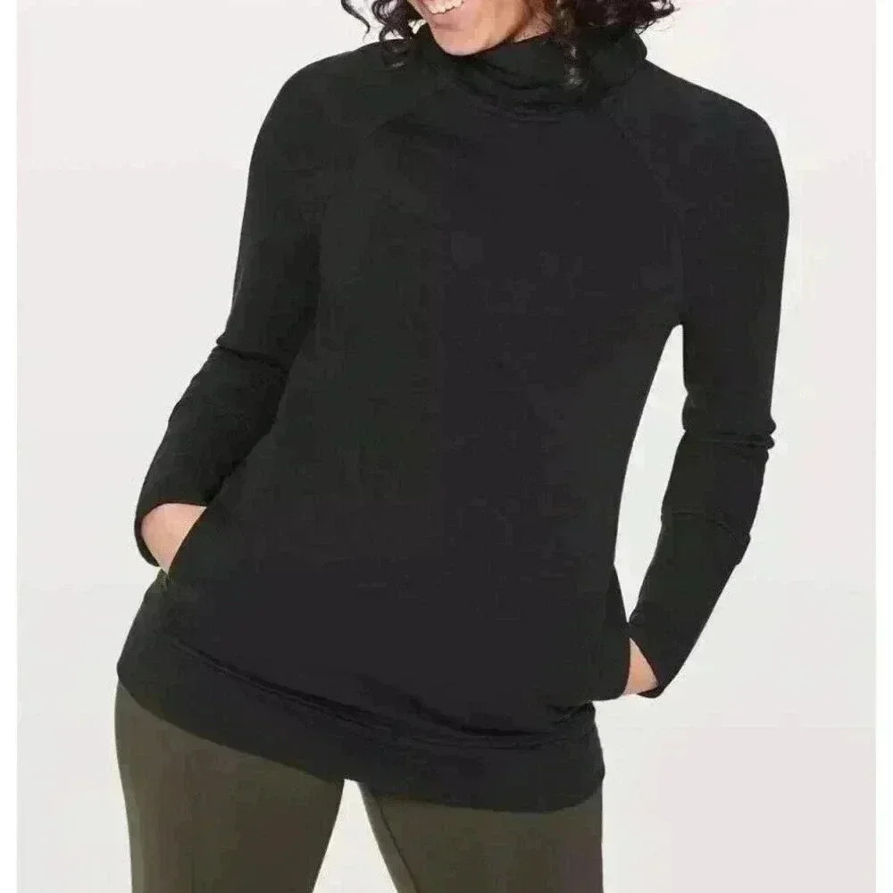 Lululemon Black Funnel Neck Pullover Sweatshirt Pockets Size 4‎ Long Sleeve